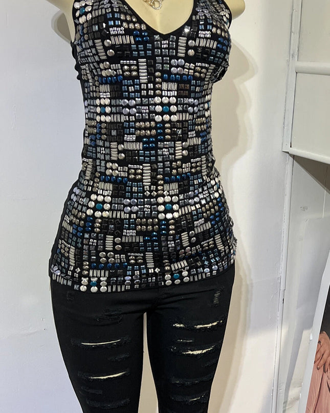 Tender  sleeveless Women Black Multi Colored beaded tank top medium￼