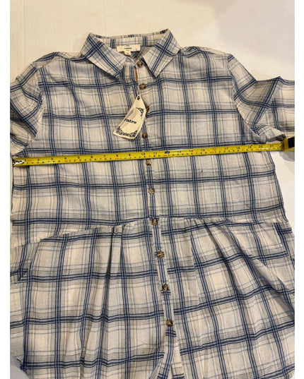 entro relaxed blue plaid women button-up shirt med  new