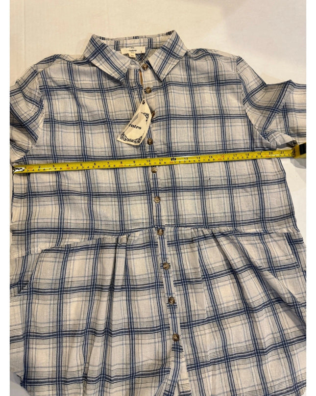 entro relaxed blue plaid women button-up shirt med  new