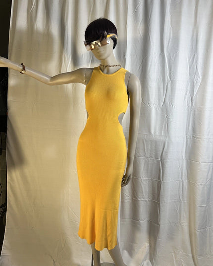 FORE Women’s Ribbed Knit Cutout Midi Dress – Yellow | Sleeveless Pullover