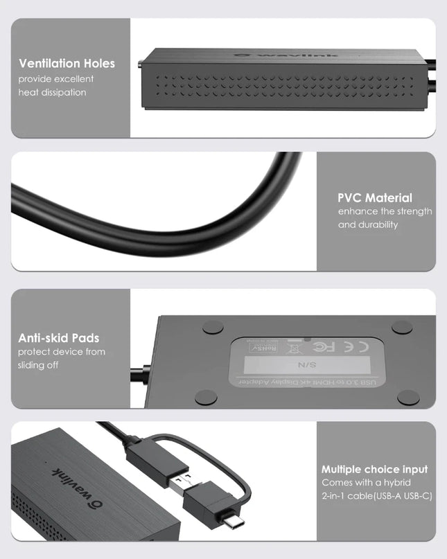 WAVLINK USB 3.0 2K Adapter USB A &C DP Based Monitor,Thunderbolt Windows,Mac OS,