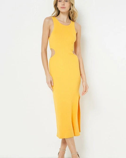 FORE Women’s Ribbed Knit Cutout Midi Dress – Yellow | Sleeveless Pullover