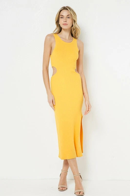 FORE Women’s Ribbed Knit Cutout Midi Dress – Yellow | Sleeveless Pullover