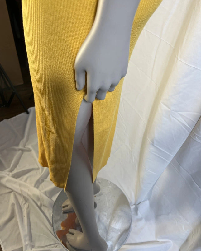 FORE Women’s Ribbed Knit Cutout Midi Dress – Yellow | Sleeveless Pullover