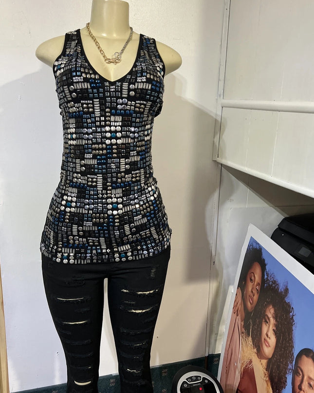 Tender  sleeveless Women Black Multi Colored beaded tank top medium￼
