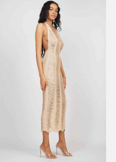 Women distressed Crochet Cover Up Halter V-Neck Backless Hollow Out Beach Dress
