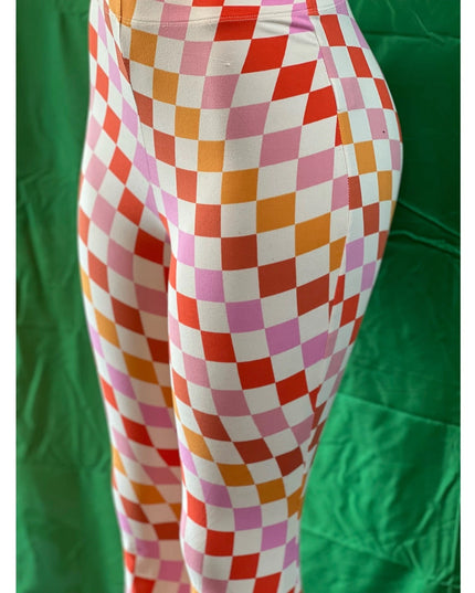 Curvy Diva women  checkered orange /red  stretch pants yoga  s,m,l