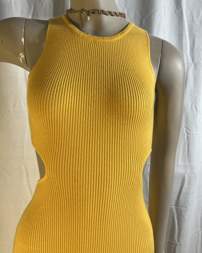 FORE Women’s Ribbed Knit Cutout Midi Dress – Yellow | Sleeveless Pullover