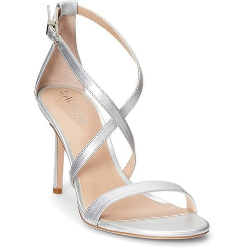 Lauren Ralph Lauren Gabriele silverc Leather stiletto Sandals heels Nwob 9.5