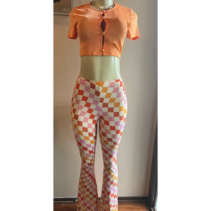 Curvy Diva women  checkered orange /red  stretch pants yoga  s,m,l