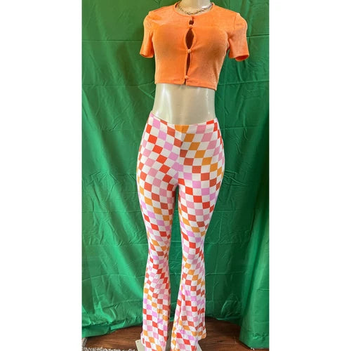 Curvy Diva women  checkered orange /red  stretch pants yoga  s,m,l