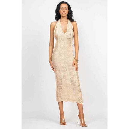 Women distressed Crochet Cover Up Halter V-Neck Backless Hollow Out Beach Dress