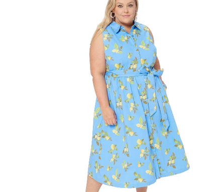J Jason Wu Novelty LEMON Printed Shirt Dress with Belt Blue MULTI SIZES