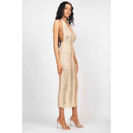 Women distressed Crochet Cover Up Halter V-Neck Backless Hollow Out Beach Dress