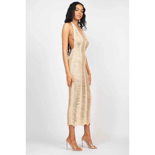 Women distressed Crochet Cover Up Halter V-Neck Backless Hollow Out Beach Dress