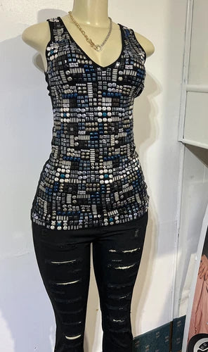 Tender  sleeveless Women Black Multi Colored beaded tank top medium￼