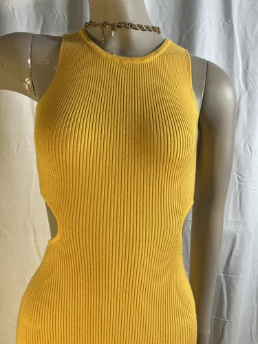FORE Women’s Ribbed Knit Cutout Midi Dress – Yellow | Sleeveless Pullover