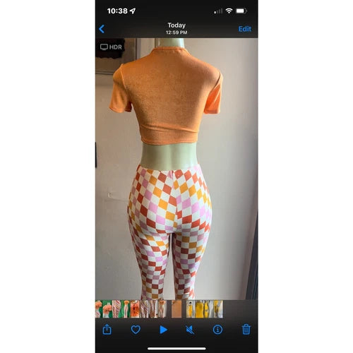 Curvy Diva women  checkered orange /red  stretch pants yoga  s,m,l