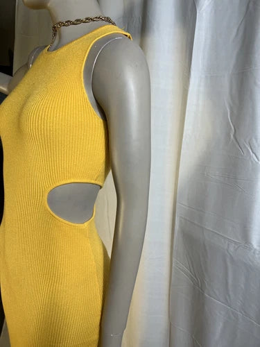 FORE Women’s Ribbed Knit Cutout Midi Dress – Yellow | Sleeveless Pullover
