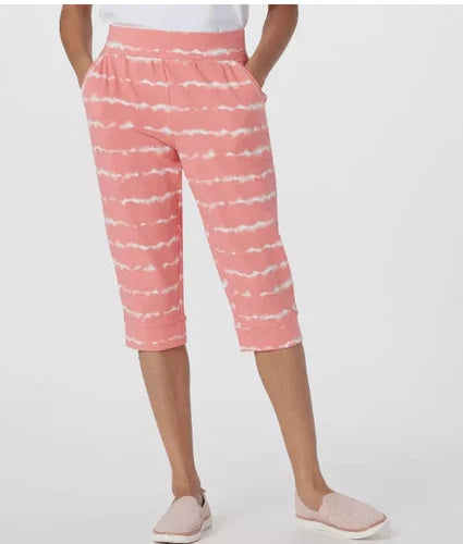 AnyBody Cozy Knit French Terry Printed Ultra Crop Pant Tie Dye coralChoose Size