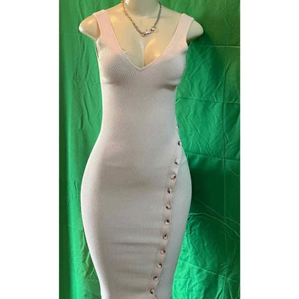 Womens 2024 Summer V Neck Knit Midi Dress Bodycon Sleeveless Ribbed DRESS S ,M,L