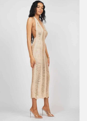 Women distressed Crochet Cover Up Halter V-Neck Backless Hollow Out Beach Dress