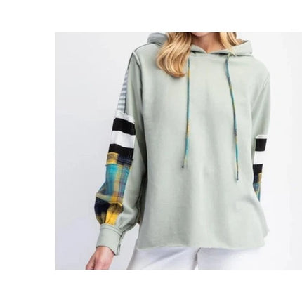 Easel womens Plaid Mix Hoodie in Faded Sage med nwt