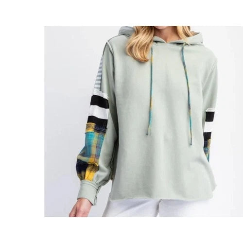 Easel womens Plaid Mix Hoodie in Faded Sage med nwt