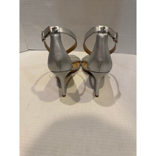 Lauren Ralph Lauren Gabriele silverc Leather stiletto Sandals heels Nwob 9.5