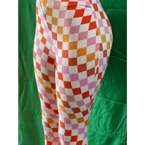 Curvy Diva women  checkered orange /red  stretch pants yoga  s,m,l