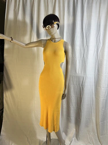 FORE Women’s Ribbed Knit Cutout Midi Dress – Yellow | Sleeveless Pullover
