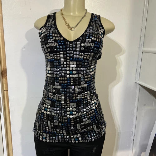 Tender  sleeveless Women Black Multi Colored beaded tank top medium￼