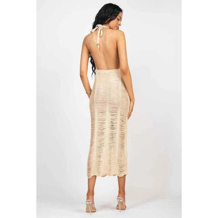 Women distressed Crochet Cover Up Halter V-Neck Backless Hollow Out Beach Dress