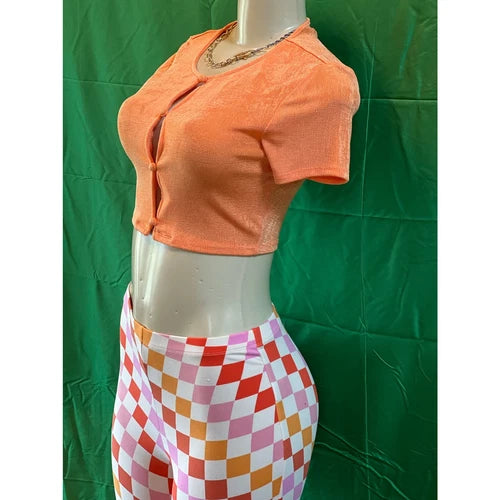 Curvy Diva women  checkered orange /red  stretch pants yoga  s,m,l