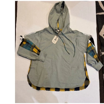 Easel womens Plaid Mix Hoodie in Faded Sage med nwt