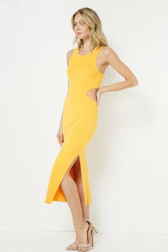 FORE Women’s Ribbed Knit Cutout Midi Dress – Yellow | Sleeveless Pullover