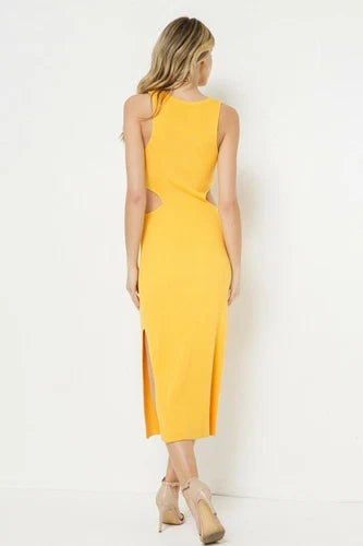 FORE Women’s Ribbed Knit Cutout Midi Dress – Yellow | Sleeveless Pullover