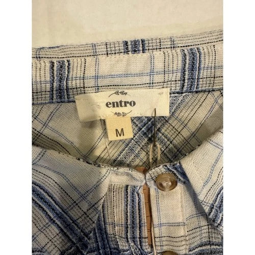 entro relaxed blue plaid women button-up shirt med  new