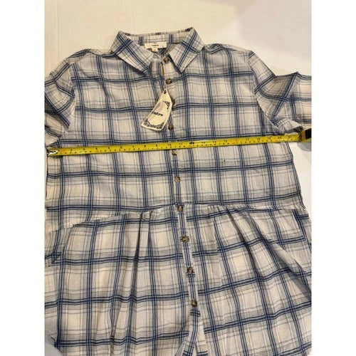 entro relaxed blue plaid women button-up shirt med  new