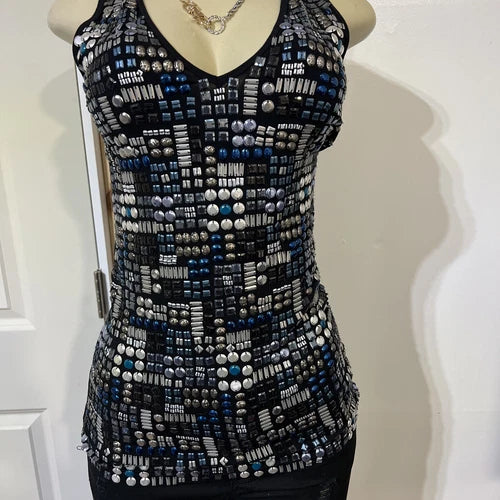 Tender  sleeveless Women Black Multi Colored beaded tank top medium￼