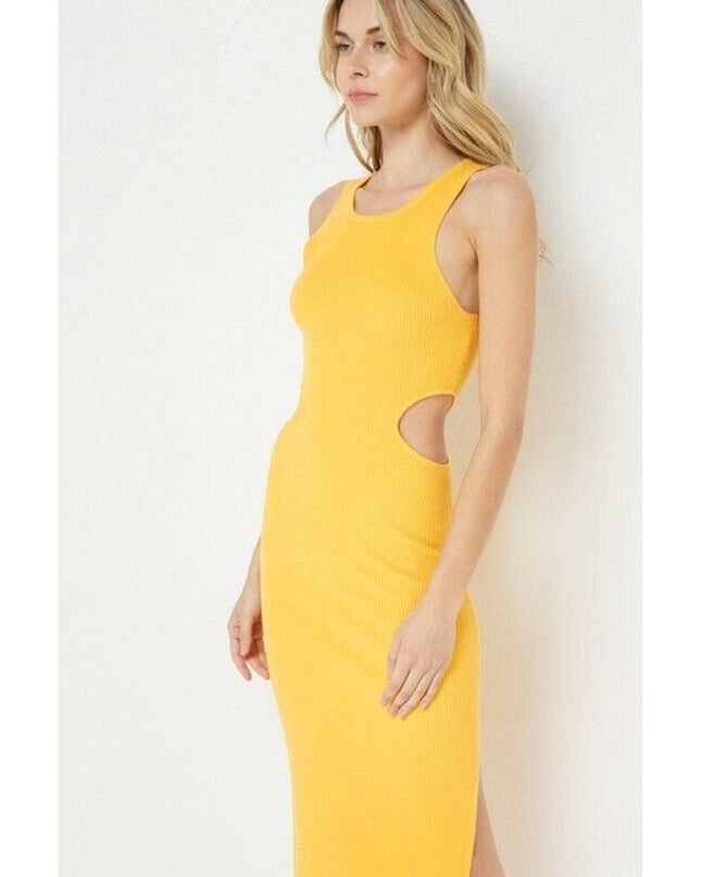FORE Women's Ribbed Knit Cutout Midi Dress Yellow | Sleeveless Summer Dress