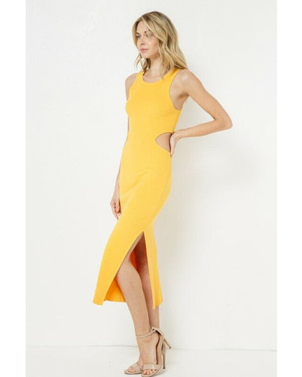 FORE Women's Ribbed Knit Cutout Midi Dress Yellow | Sleeveless Summer Dress