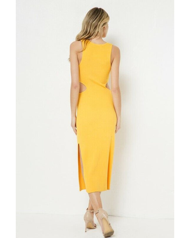 FORE Women's Ribbed Knit Cutout Midi Dress Yellow | Sleeveless Summer Dress