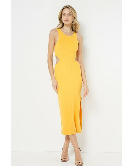FORE Women's Ribbed Knit Cutout Midi Dress Yellow | Sleeveless Summer Dress