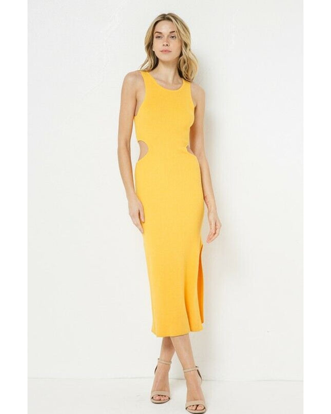 FORE Women's Ribbed Knit Cutout Midi Dress Yellow | Sleeveless Summer Dress